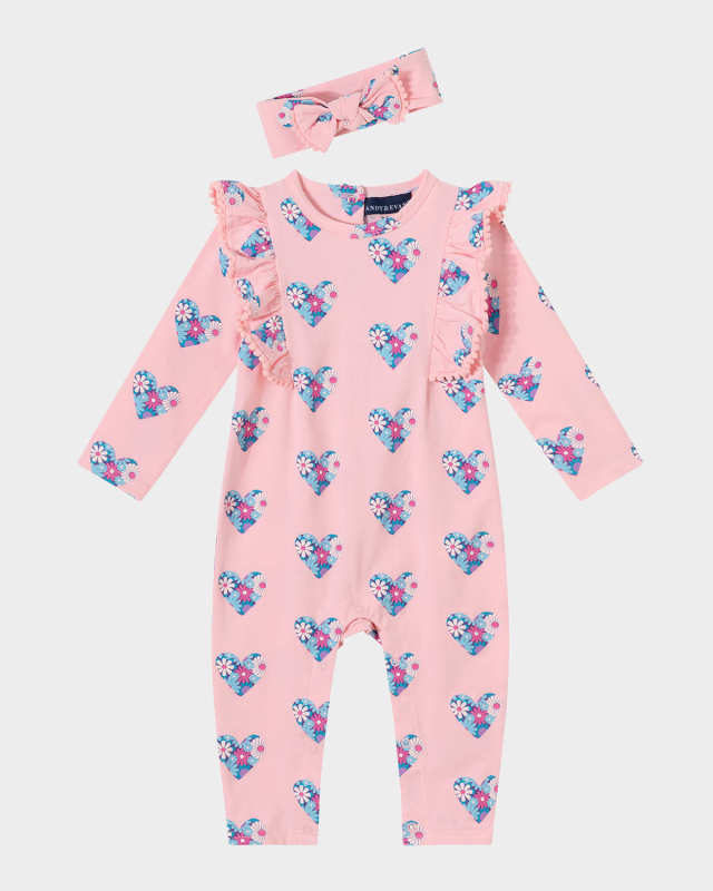 Girl's Heart-Print Coverall W/ Headband, Size Newborn-24